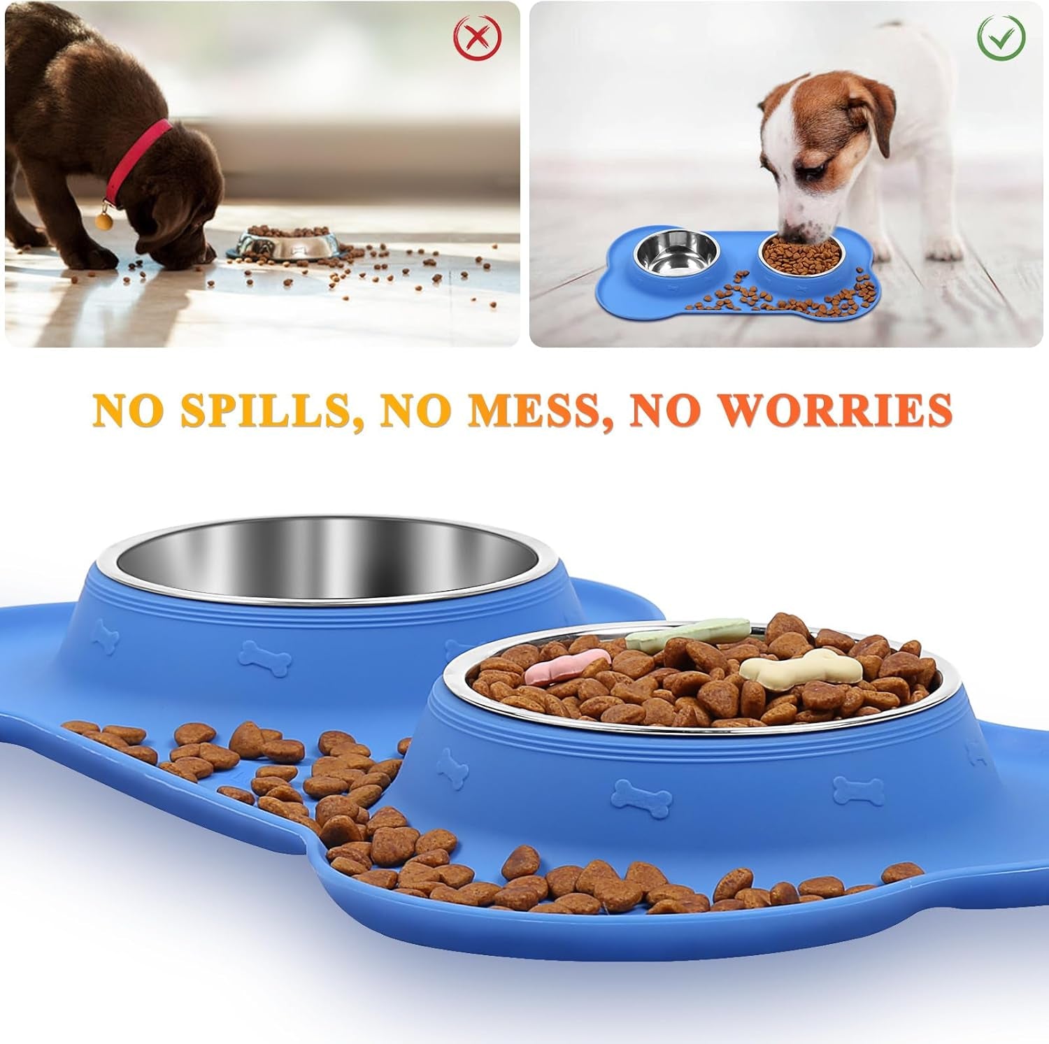 Dog Bowls, Dog Food Bowls, Stainless Steel Cat Puppy Water Bowls with Non Spill Skid Resistant Silicone Mat, Large, Blue