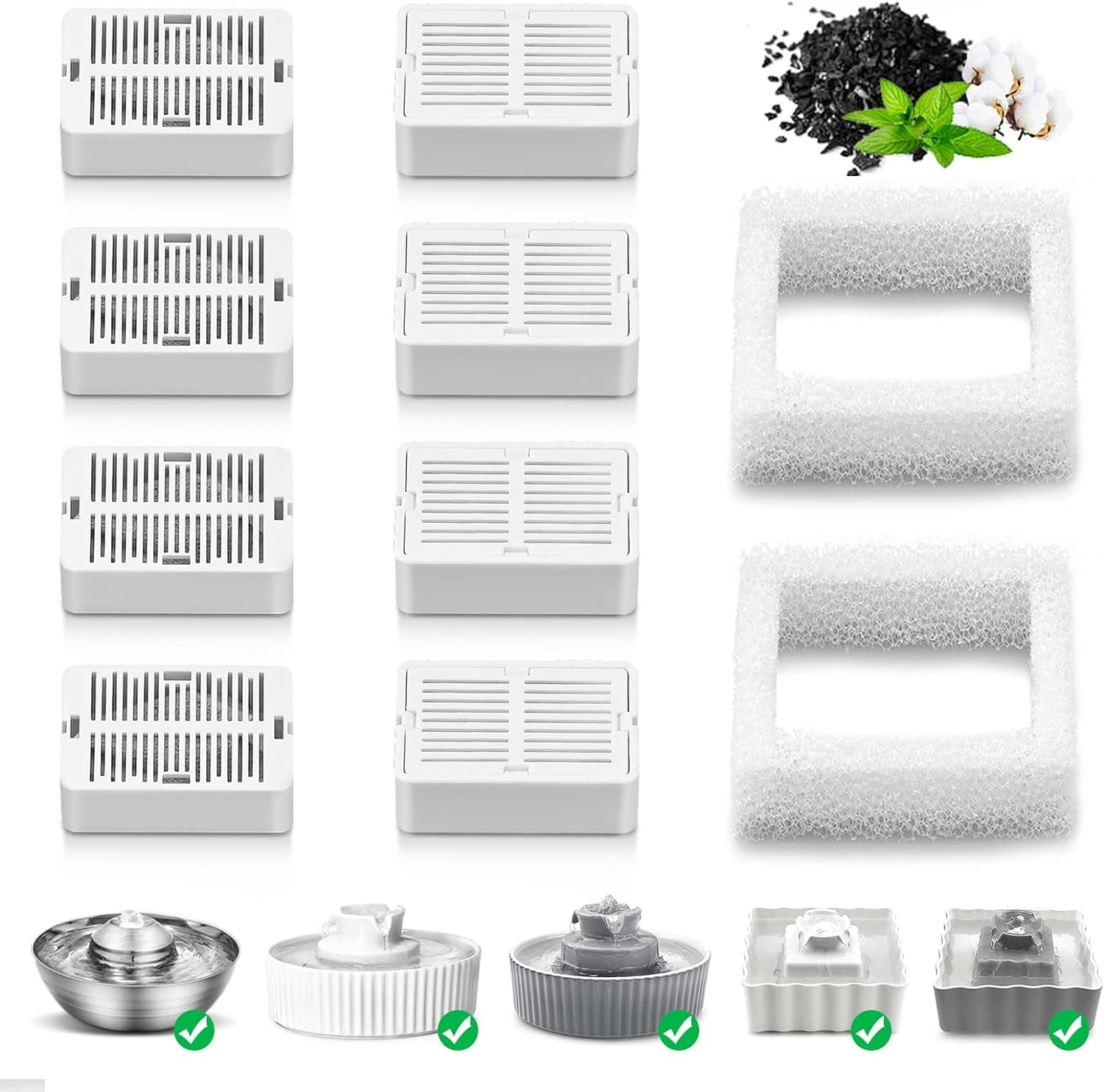 Pet Fountain Replacement Filters, 8 Pack Cat Water Fountain Carbon Filters and 2 Pack Foam Filters for Cupcake Ceramic Cat Fountain