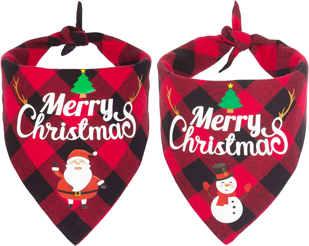 2 Pack Dog Bandana Christmas Classic Plaid Pet Scarf Triangle Bibs Kerchief Merry Christmas Red Santa Snowman Bandana for Medium Large Dogs Pets (Large)