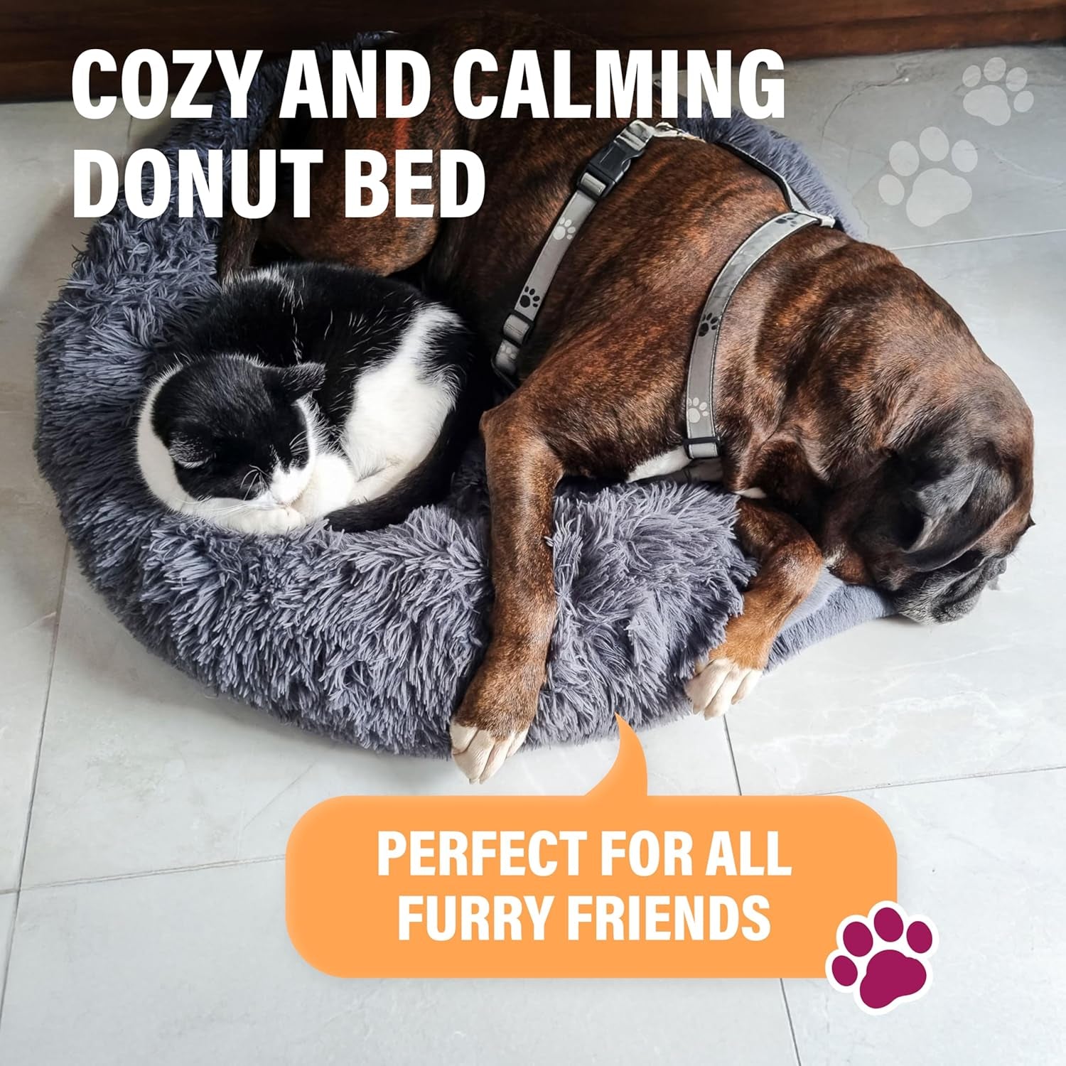 Premium Small Donut Dog Bed, Fits up to 45 Lbs, Removable Cover & Washable Cushion, Plush Long Pile Faux Fur Fabric, Portable Dark Grey Pet Bed Furniture for Puppies Adult Canines & Cats