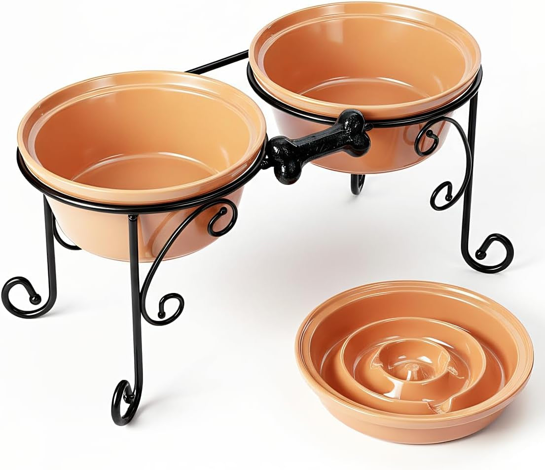 Dog Bowl Stand with 3 Ceramic Bowls - Raised Feeding Station for Medium & Large Dogs, Includes 2 Standard Bowls + 1 Slow Feeder, Durable Iron Frame, Non-Slip (Almond)
